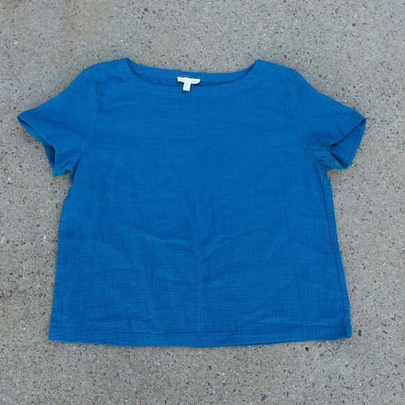 Eileen Fisher Organic Cotton Teal Boxy Top Boat Neck Minimalist Women’s M - Picture 1 of 7